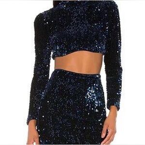 Camila Coelho Edna Sequin Long Sleeve Crop Top In Midnight Blue, Size M